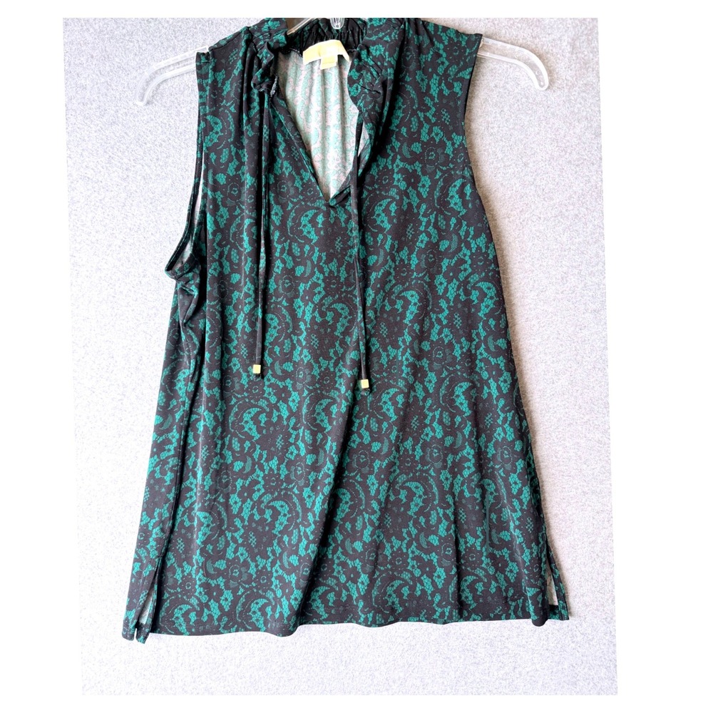 Michael Michael Kors Womens‎ Green Black Lace Print Ruffle Tie Neck Blouse Large